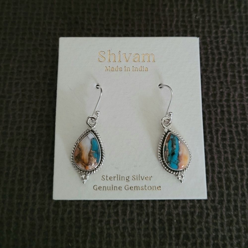 Shivam Oyster Blue💙 Copper Turquoise Teardrop💧 Earrings - Picture 4 of 12